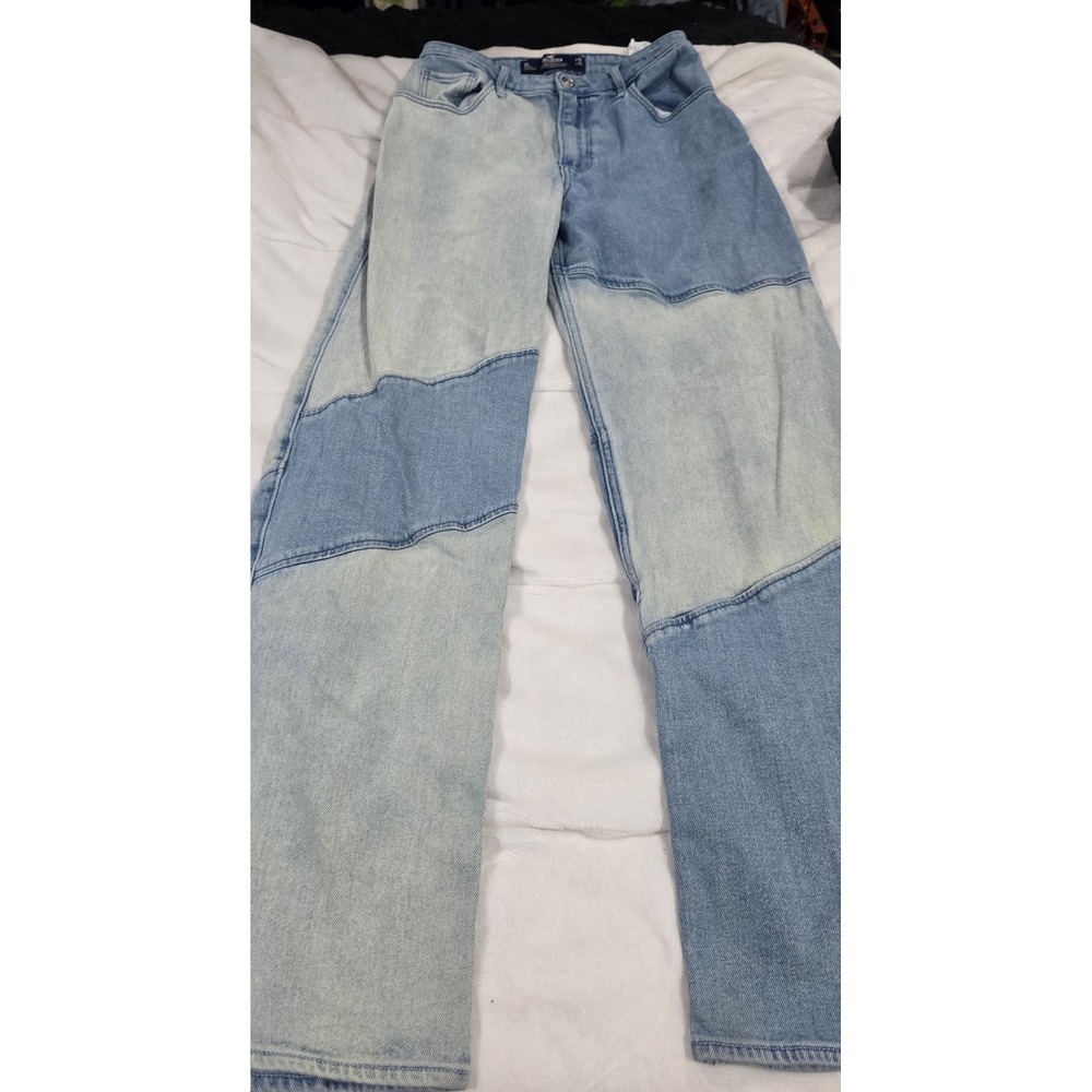 Y2K Hollister Women Blue High Rise Dad Jean Patchwork Two Tone Baggy Retro 3L